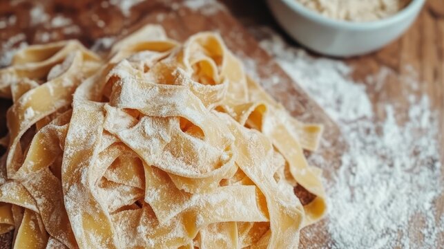 A close-up of freshly made pasta ribbons sprinkled with flour on a wooden board, highlighting homemade culinary craftsmanship and simplicity in cooking preparation.