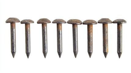 Iron Nails. Row of Sharp Metal Nails in Different Shapes on White Background