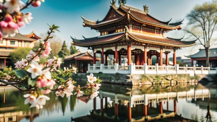 Obraz premium Traditional Chinese architecture with a red roof and pond surrounded by blooming pink flowers.