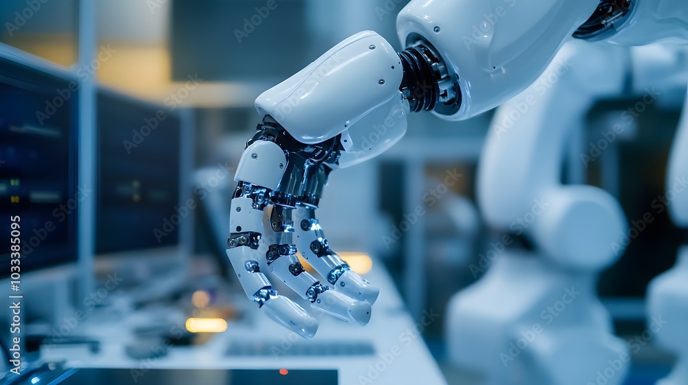 Poster close-up of a robotic arm's hand reaching down in a lab setting