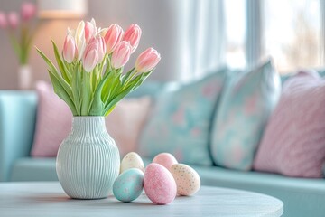 Interior design of spring living room with design sofa, furniture, vase with tulips, easter decorations, pillows and personal accessories. Home decor, Generative AI