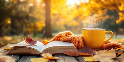 Steaming yellow mug and open book on a wooden table surrounded by fallen autumn leaves in a park, with warm sunlight creating a peaceful autumn scene.