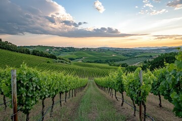 Obraz premium Italian Vineyards Landscape at Sunset. Stunning View of Vinery Fields in Rolling Hills