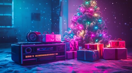 80s retro Christmas with neon lights on a tree vibrant presents and classic boomboxes next to a cassette deck snow falling in the background 
