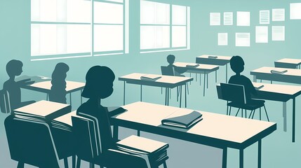 Silhouetted students in a minimalist classroom setting.