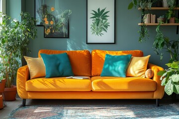 Modern and colorful interior of living room with design boucle sofa, mock up poster, shelf, plants, decorations and personal stuff. Home decor, Generative AI