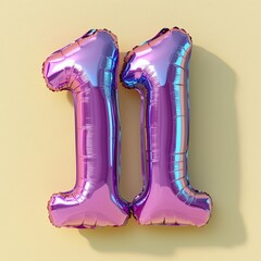 Violet metallic number 11 eleven made of inflatable balloon on yellow background