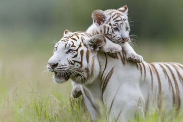Naklejka premium A baby white tiger climbing on its father's back, cute and playful in the outdoors of a grassy field