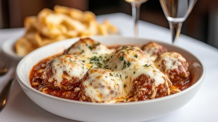 A flavorful dish of meatballs baked in rich tomato sauce, topped with melted cheese, served with crispy bread, embodying comfort and indulgence.