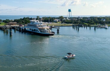 Ferry docking in the harbour in  Ocracoke, North Carolina, United States.