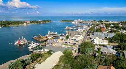 Harbor and town of Ocracoke on the Outer Banks, North Carolina, United States.
