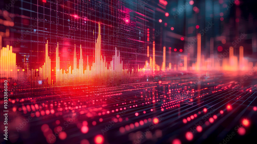 Poster abstract visualization of sound waves and data signals in vibrant colors.