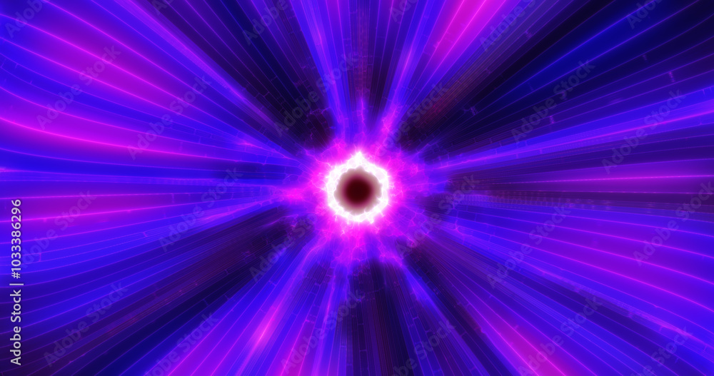 Poster a mesmerizing burst of neon pink and blue light rays converging at a bright core in dynamic energy f