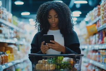 A curly hair Black woman with shopping basket using phone while buying and picking groceries in super market