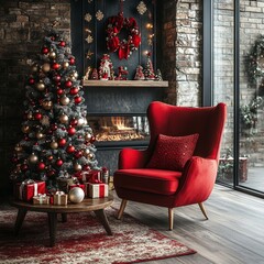 Warm and stylish christmas living room interior with design armchair, wooden coffee table, christmas tree, balls, gifts, red pillow, decoration and accessories. Santa claus is coming, Generative AI
