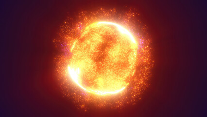 A glowing, fiery sphere with swirling particles and intense energy of heat and motion of energy, fire, and dynamic forces in a futuristic cosmic setting