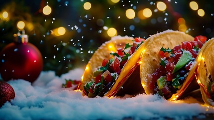 Christmas tacos with festive red and green toppings glowing lights wrapping around the taco shell while snow falls in the background 