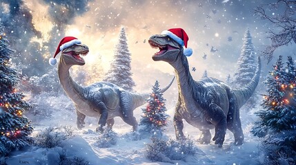 Naklejka premium Dinosaurs wearing Santa hats surrounded by Christmas trees and festive lights in a snowy prehistoric landscape roaring joyfully 