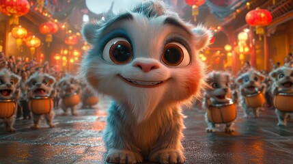 A cute, wide-eyed, furry creature with a cheerful expression stands front and center during a festive parade, illuminated by glowing red lanterns in the background.