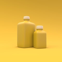 Medicine plastic bottles on a the yellow background. Medicine package design. 3d illustration.