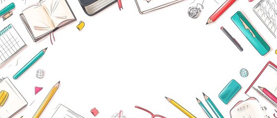 blank background with school and study stuffss frame