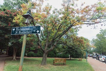 Trees and street sign in Walnut Hills, Williamsburg, Virginia, United States.