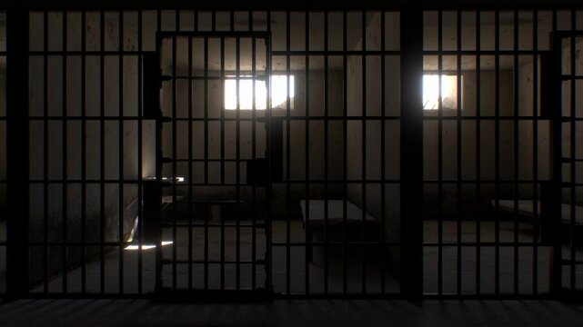 Shadows move through a bare prison cell from morning to night, passing over a cot, table, and bucket. A stark depiction of life in a strict, no-frills prison.