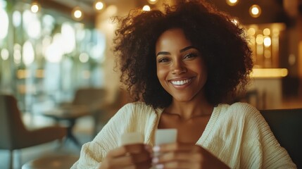 A cheerful woman with curly hair sits comfortably in a café, enjoying some leisure time with a bright smile amidst a welcoming and stylish setting.