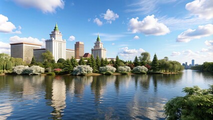 Obraz premium A picturesque cityscape with tall buildings, lush greenery, and a calm river.