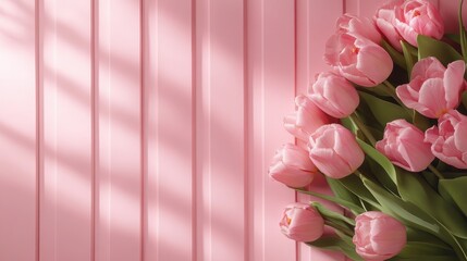 Obraz premium A striking view of pink tulips arranged side by side on a textured pink backdrop, illustrating a harmonious blend of lines, shadows, and colors in floral still life.