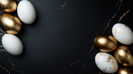 Minimalist white and gold eggs arranged elegantly on a dark marble surface, exuding a sleek and modern vibe in a strikingly simple yet artistic composition.