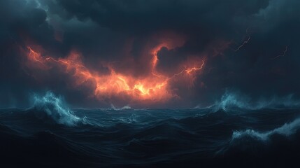 Fototapeta premium A violent thunderstorm over a vast, dark ocean with crashing waves and lightning illuminating the ominous clouds