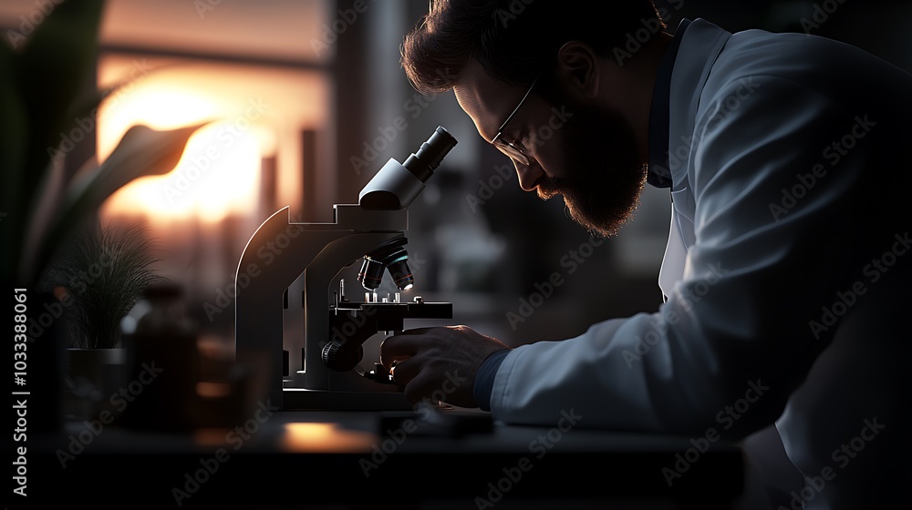 Poster a scientist in a white lab coat uses a microscope to examine a sample in a laboratory setting.