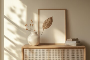 Stylish interior of living room with mock up poster frame, wooden commode, book, leaf in ceramic vase and elegant personal accessories. Minimalist concept of home decor, Generative AI