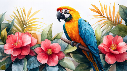 Fototapeta premium Tropical Paradise with Palm Leaves, Camellia Flowers, Parrot, and Toucan
