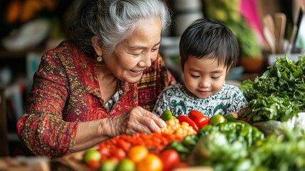 Fototapeta premium A heartwarming moment between a loving grandmother and her young granddaughter as they prepare food together in a cozy, homey kitchen