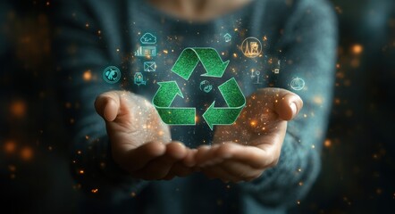 Person holding a glowing green recycling symbol with environmental icons surrounding, representing sustainability and eco-friendly practices