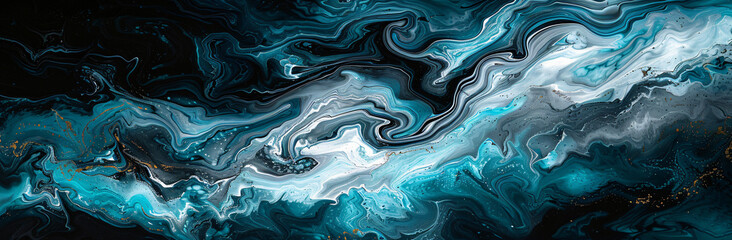 Obraz premium Abstract fluid art painting in turquoise, black and white colors with swirling patterns of liquid paint in the style of liquid paint.
