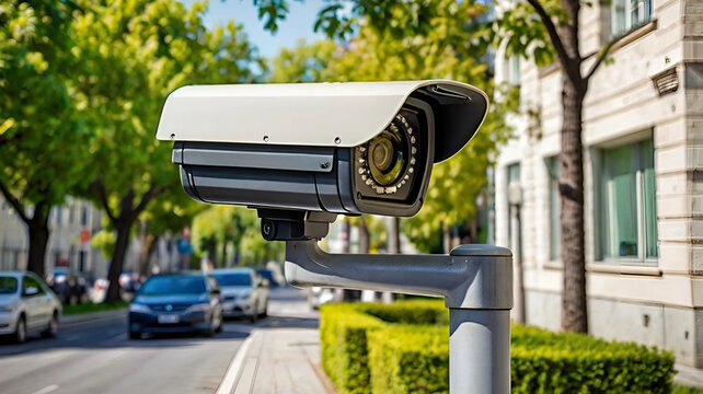 Security camera urban street residential area surveillance technology white housing city living privacy concerns public safety concept