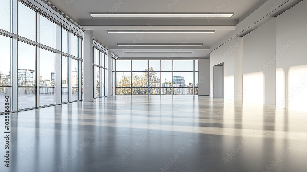 Poster a wide-angle view of an empty modern office building with large windows and white walls