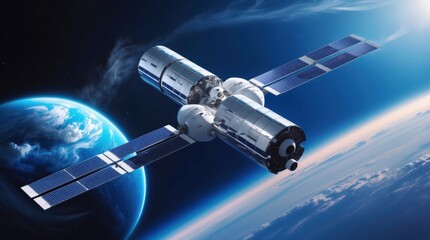 Futuristic space station orbiting earth from the sky