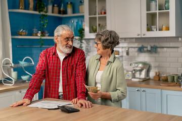 Fototapeta premium in bright kitchen an elderly cute couple at the table count their expenses monthly payment utility bills monthly survival count money smiling looking at each other
