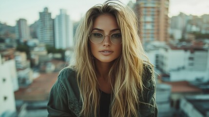 Woman with long wavy hair and round glasses wears a green jacket while sitting on a rooftop with a blurred cityscape under a softly lit sky behind her.