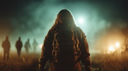 A solitary figure with a backpack moves forward under the mysterious glow of lights and fog, with silhouetted figures visible in the distance, evoking suspense.