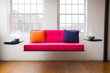 floating sofa with vibrant pillows, steaming mugs on side tables. Modern, stylish living room