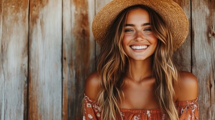 A joyful woman in an off-shoulder floral top and straw hat smiles broadly, standing against a weathered wooden backdrop, exuding happiness and style.
