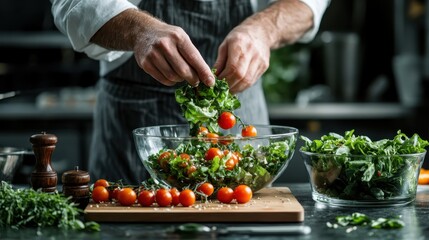 A chef skillfully tosses salad ingredients together in a glass bowl, showcasing culinary expertise and the vibrant textures of fresh tomatoes and leafy greens.