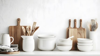 Kitchenware and utensils on a white shelf or counter. Banner with a white wall background and copy space. Kitchen cooking decor. 