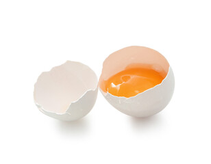Cracked chicken egg isolated on white background, closeup