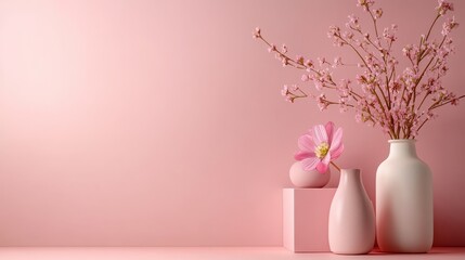 Minimalist vases, with a single pink flower, sit simply on a table against a soft pink background, illustrating elegance and simplicity in modern design.
